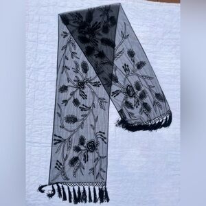 Black Floral Embroidered Sheer Scarf with Fringe Trim